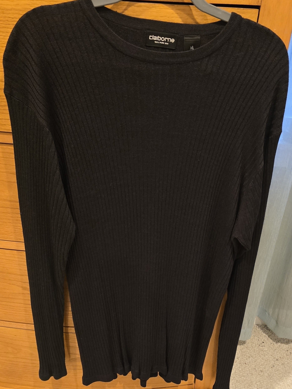 Claiborne Men’s Silk Black Ribbed Crewneck Sweater - Long Sleeve, XL